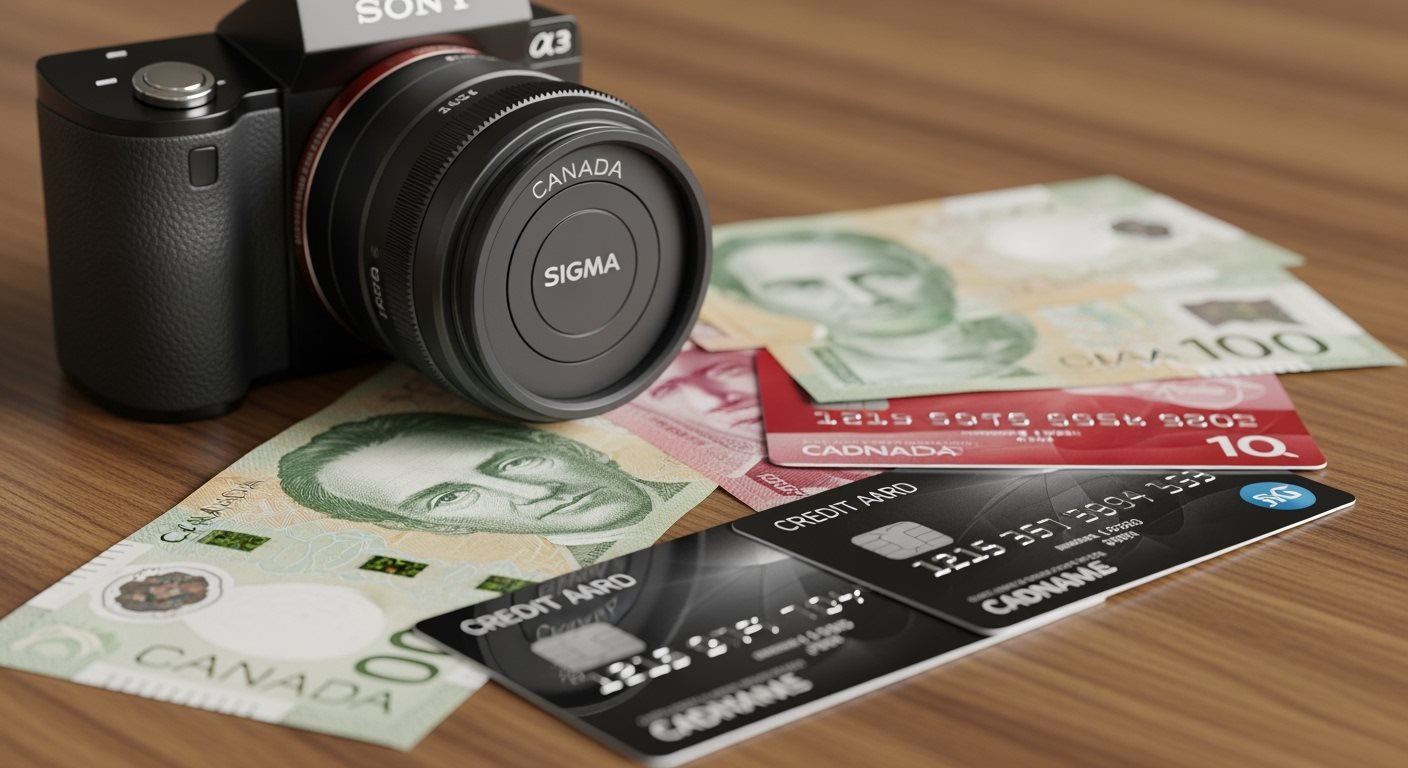 Canadian dollar bills and credit cards for currency exchange