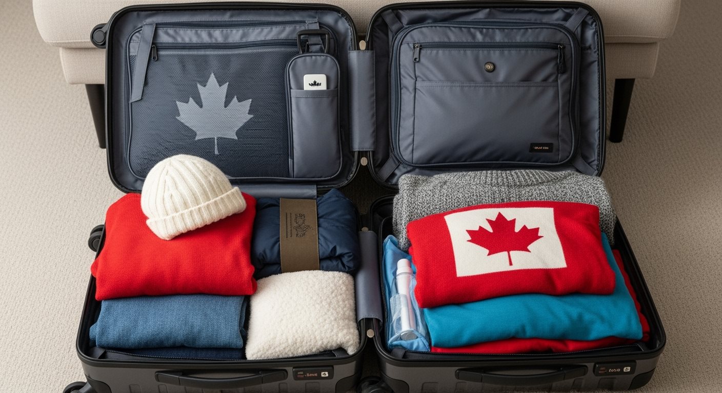 Travel suitcase with winter clothes and packing essentials